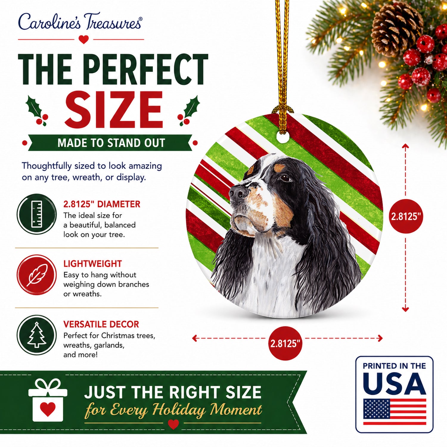 Springer Spaniel Candy Cane Holiday Christmas Ceramic Ornament Christmas Tree Hanging Decorations for Home Christmas Holiday, Party, Gift, 3 in, Multicolor