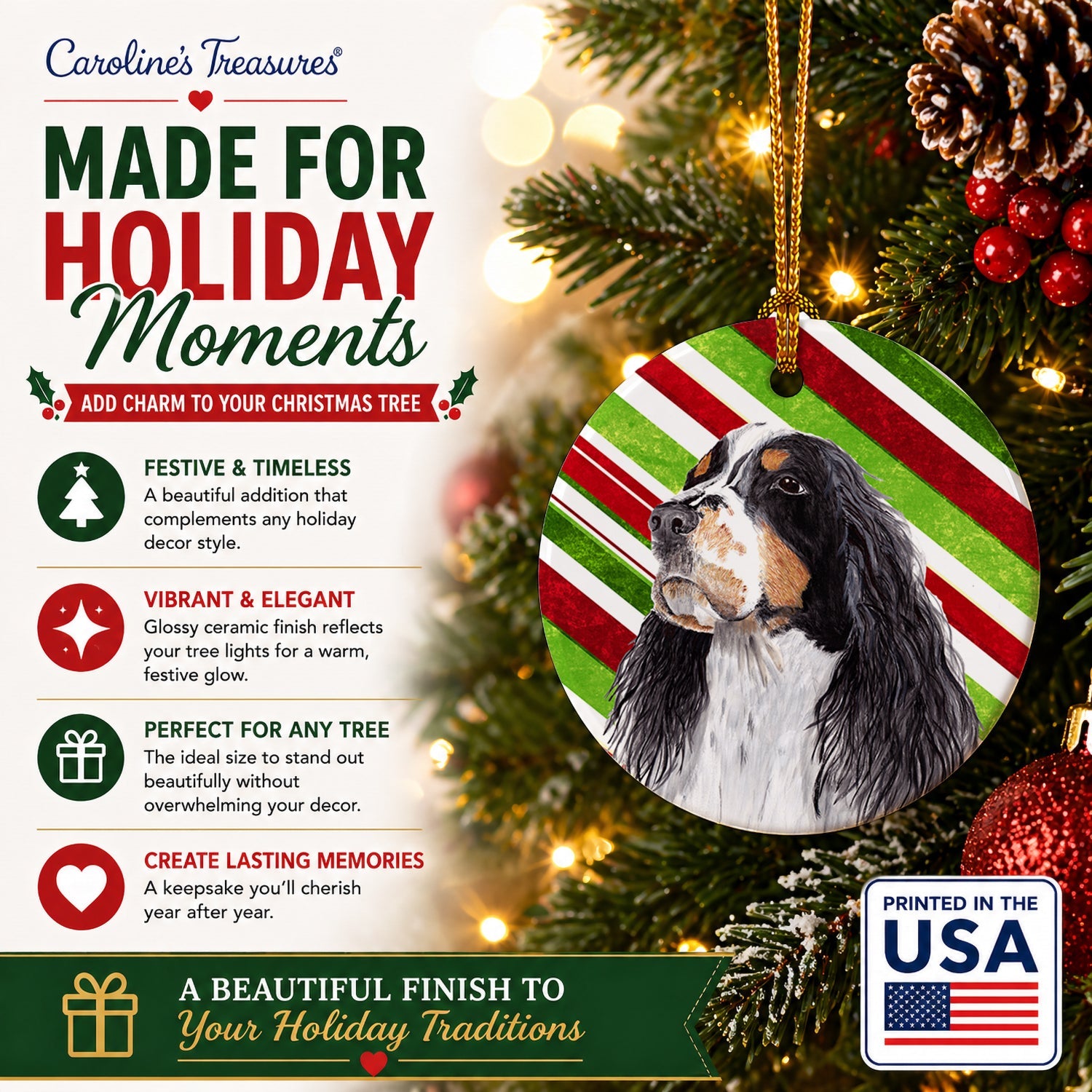 Springer Spaniel Candy Cane Holiday Christmas Ceramic Ornament Christmas Tree Hanging Decorations for Home Christmas Holiday, Party, Gift, 3 in, Multicolor
