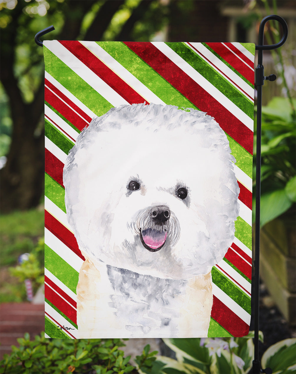 Bichon Frise Candy Cane Holiday Christmas Garden Flag Mailbox Decorative Yard Banner Outside Patio Artwork for Flower Beds, Garden Size, Multicolor
