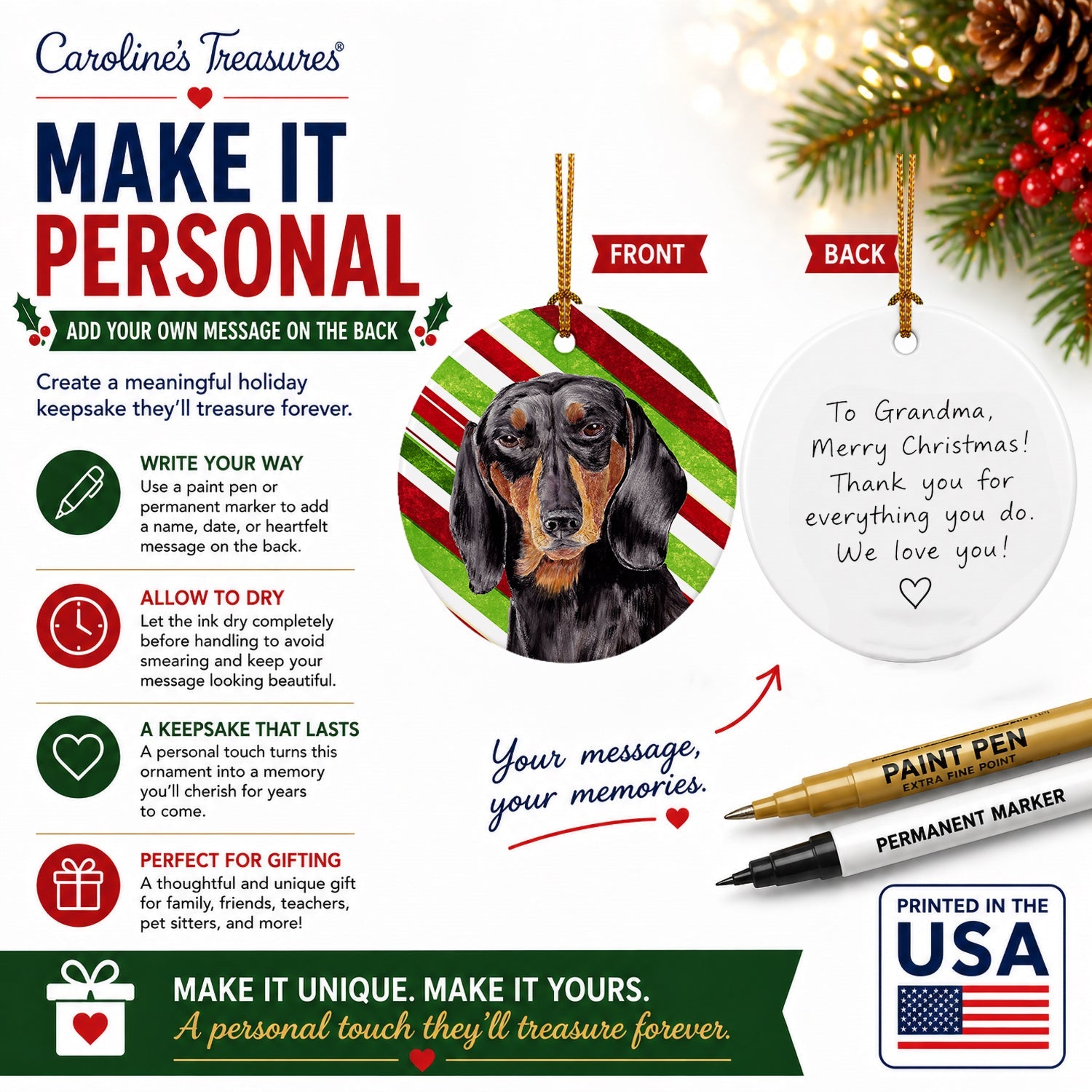 Dachshund Candy Cane Holiday Christmas Ceramic Ornament Christmas Tree Hanging Decorations for Home Christmas Holiday, Party, Gift, 3 in, Multicolor