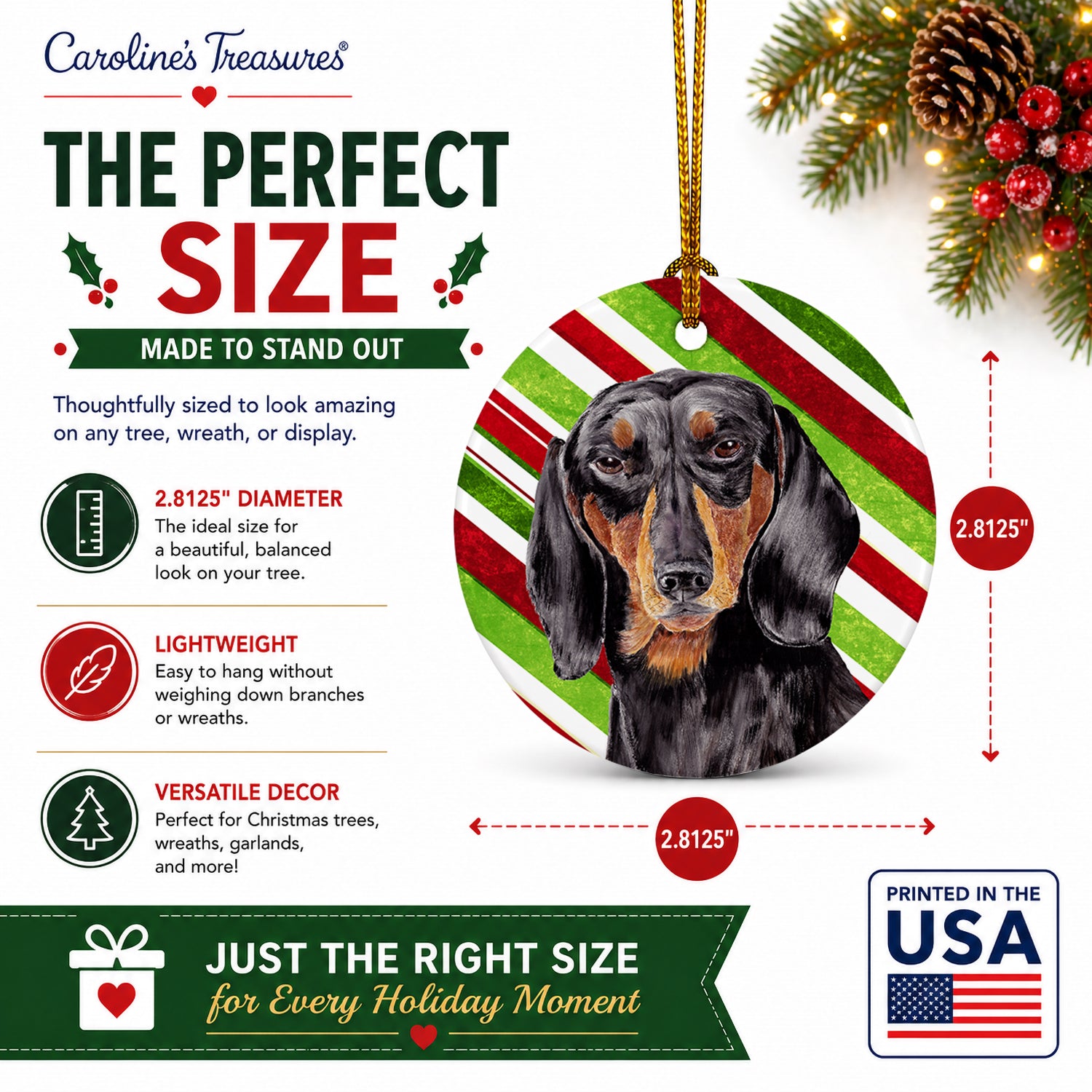 Dachshund Candy Cane Holiday Christmas Ceramic Ornament Christmas Tree Hanging Decorations for Home Christmas Holiday, Party, Gift, 3 in, Multicolor