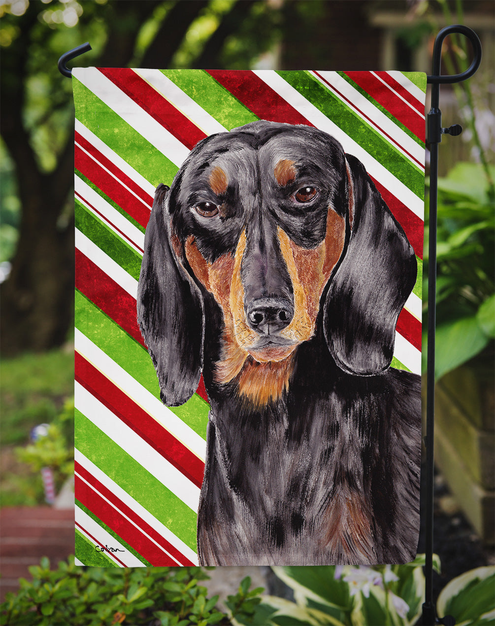 Dachshund Candy Cane Holiday Christmas Garden Flag Mailbox Decorative Yard Banner Outside Patio Artwork for Flower Beds, Garden Size, Multicolor