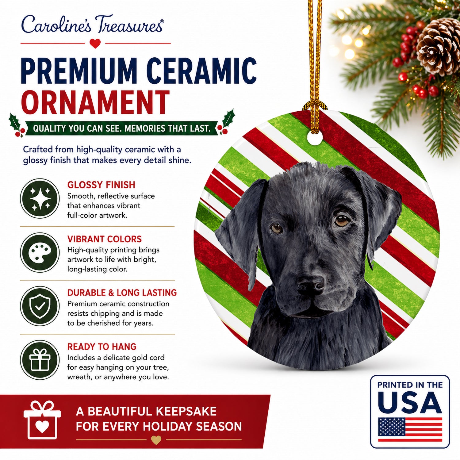 Labrador Candy Cane Holiday Christmas Ceramic Ornament Christmas Tree Hanging Decorations for Home Christmas Holiday, Party, Gift, 3 in, Multicolor