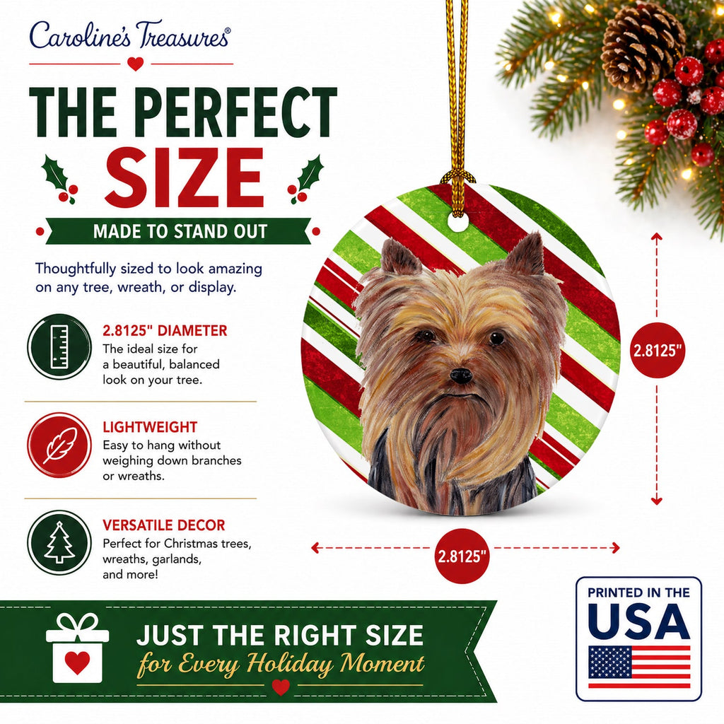 Yorkie Candy Cane Holiday Christmas Ceramic Ornament Christmas Tree Hanging Decorations for Home Christmas Holiday, Party, Gift, 3 in, Multicolor