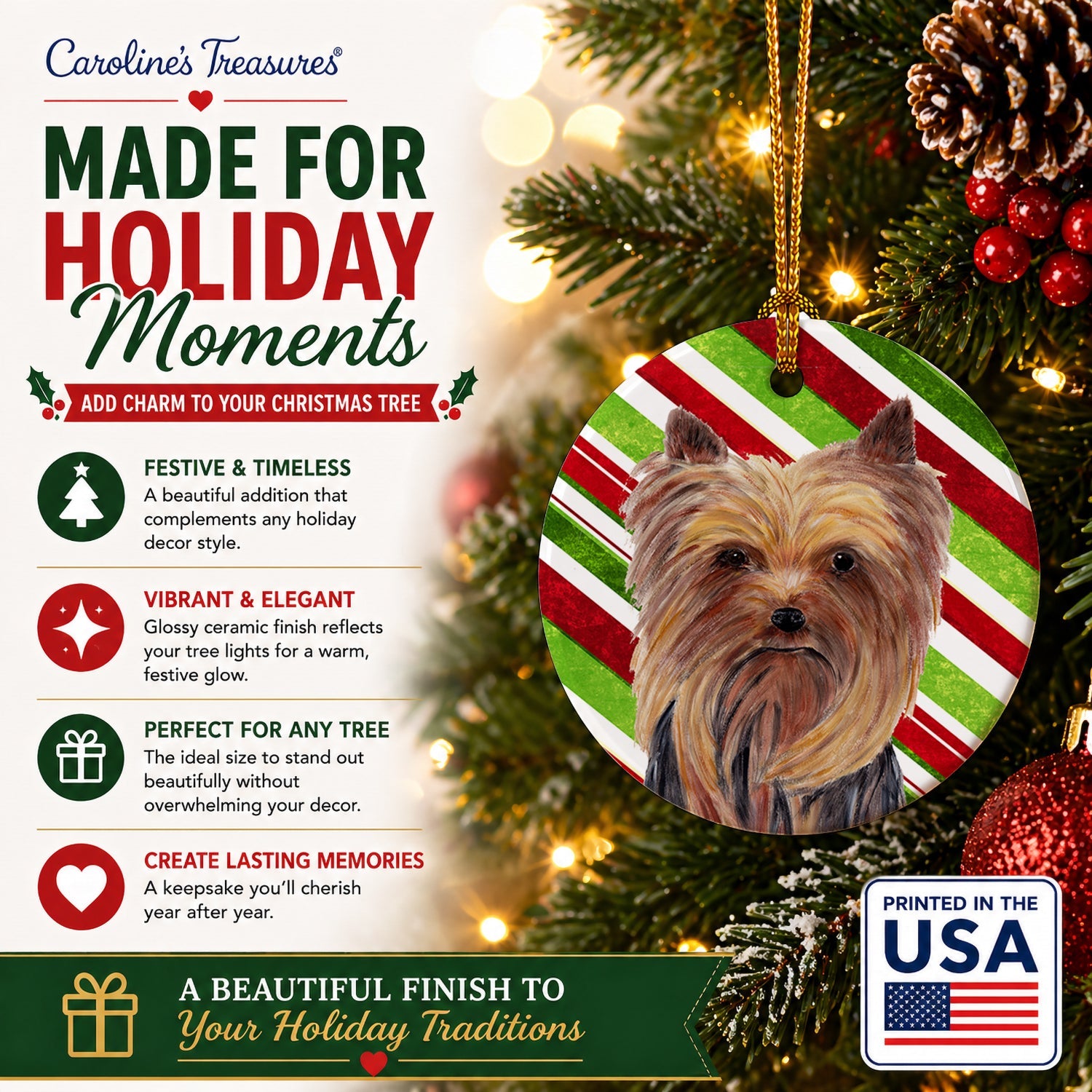 Yorkie Candy Cane Holiday Christmas Ceramic Ornament Christmas Tree Hanging Decorations for Home Christmas Holiday, Party, Gift, 3 in, Multicolor