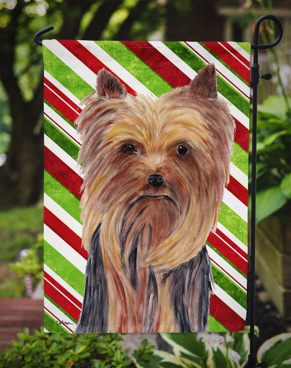 Yorkie Candy Cane Holiday Christmas Garden Flag Mailbox Decorative Yard Banner Outside Patio Artwork for Flower Beds, Garden Size, Multicolor