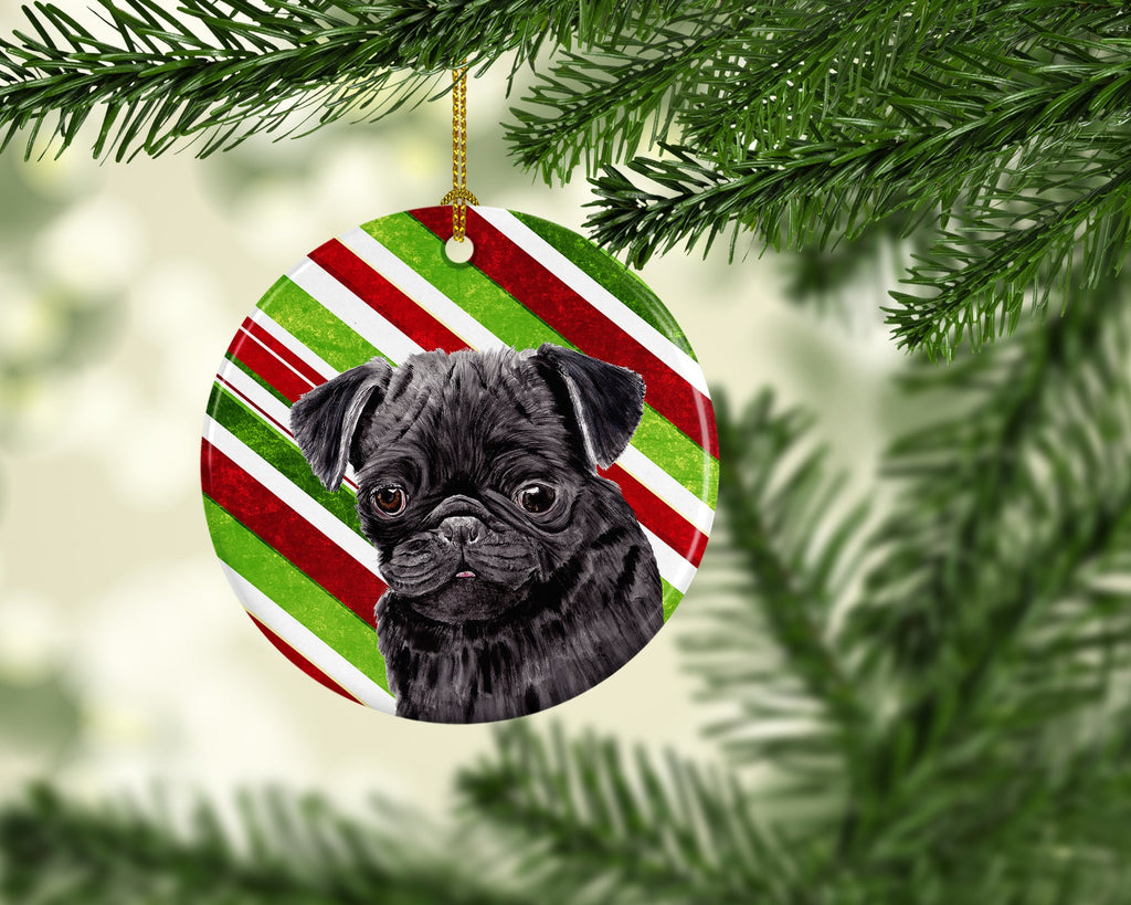 Pug Candy Cane Holiday Christmas Ceramic Ornament Christmas Tree Hanging Decorations for Home Christmas Holiday, Party, Gift, 3 in, Multicolor