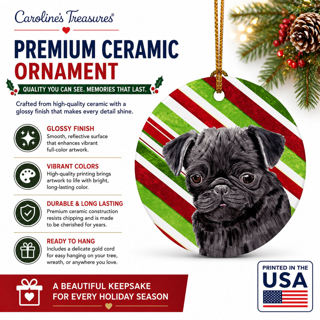 Pug Candy Cane Holiday Christmas Ceramic Ornament Christmas Tree Hanging Decorations for Home Christmas Holiday, Party, Gift, 3 in, Multicolor