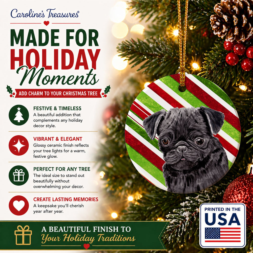 Pug Candy Cane Holiday Christmas Ceramic Ornament Christmas Tree Hanging Decorations for Home Christmas Holiday, Party, Gift, 3 in, Multicolor