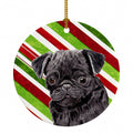 Pug Candy Cane Holiday Christmas Ceramic Ornament Christmas Tree Hanging Decorations for Home Christmas Holiday, Party, Gift, 3 in, Multicolor