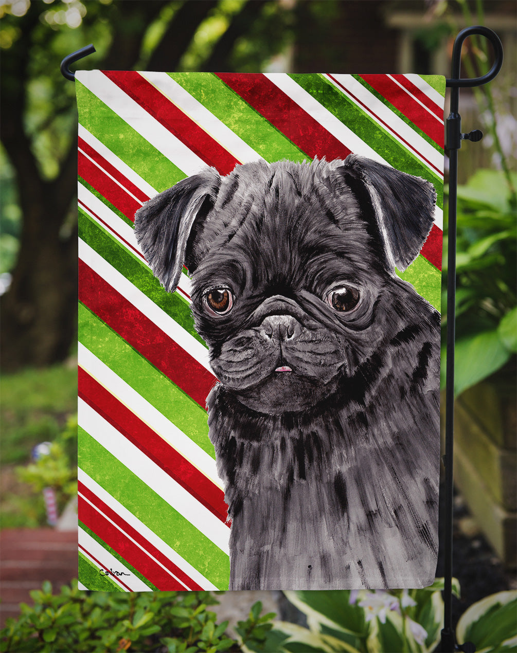 Pug Candy Cane Holiday Christmas Garden Flag Mailbox Decorative Yard Banner Outside Patio Artwork for Flower Beds, Garden Size, Multicolor