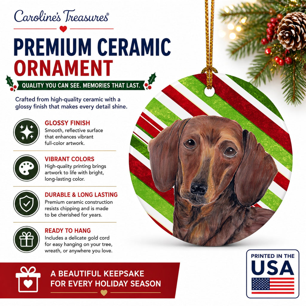 Dachshund Candy Cane Holiday Christmas Ceramic Ornament Christmas Tree Hanging Decorations for Home Christmas Holiday, Party, Gift, 3 in, Multicolor