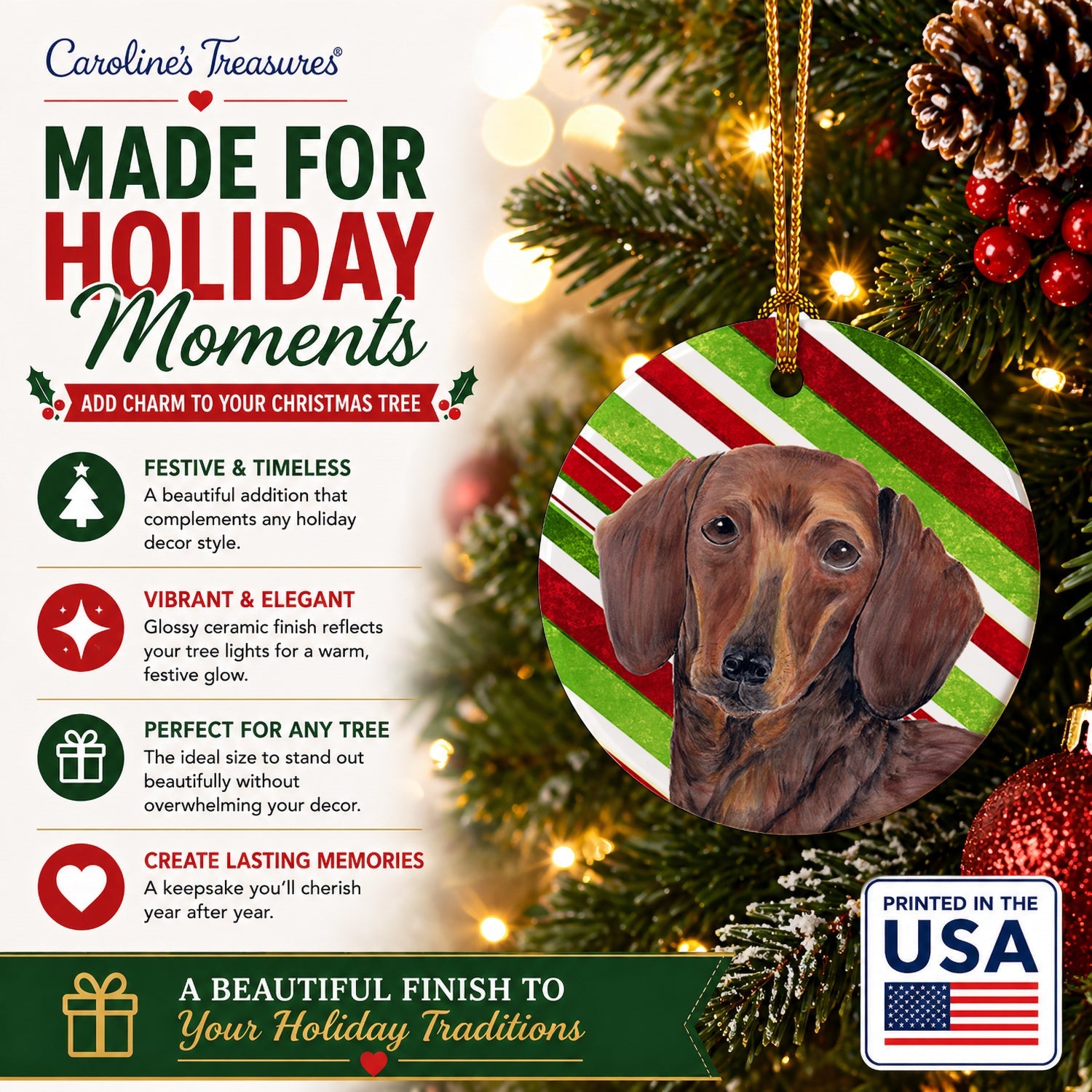 Dachshund Candy Cane Holiday Christmas Ceramic Ornament Christmas Tree Hanging Decorations for Home Christmas Holiday, Party, Gift, 3 in, Multicolor