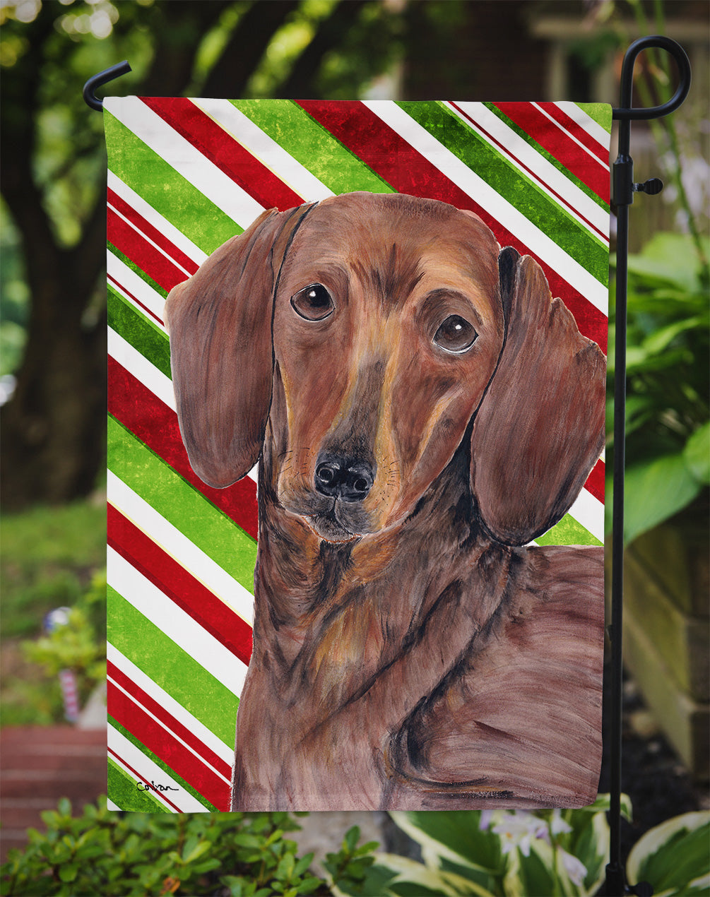 Dachshund Candy Cane Holiday Christmas Garden Flag Mailbox Decorative Yard Banner Outside Patio Artwork for Flower Beds, Garden Size, Multicolor