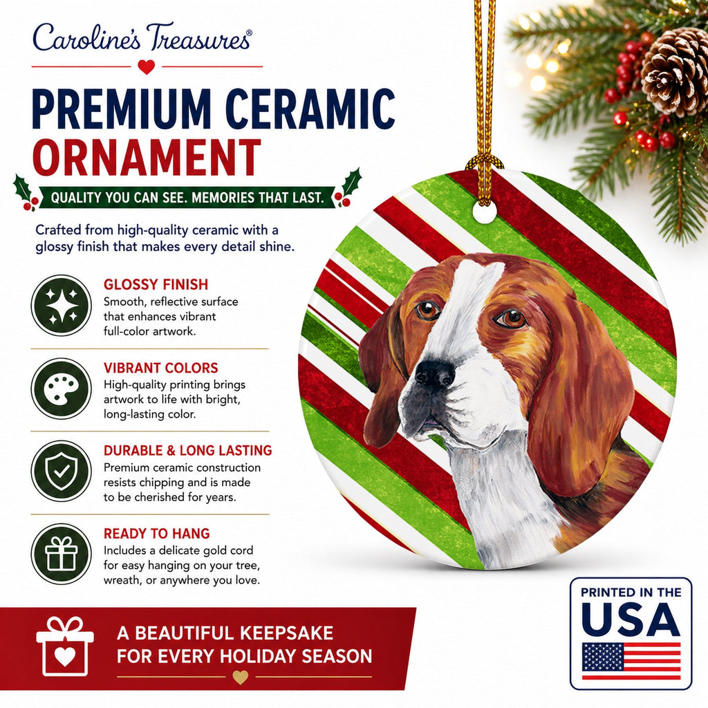 Beagle Candy Cane Holiday Christmas Ceramic Ornament Christmas Tree Hanging Decorations for Home Christmas Holiday, Party, Gift, 3 in, Multicolor