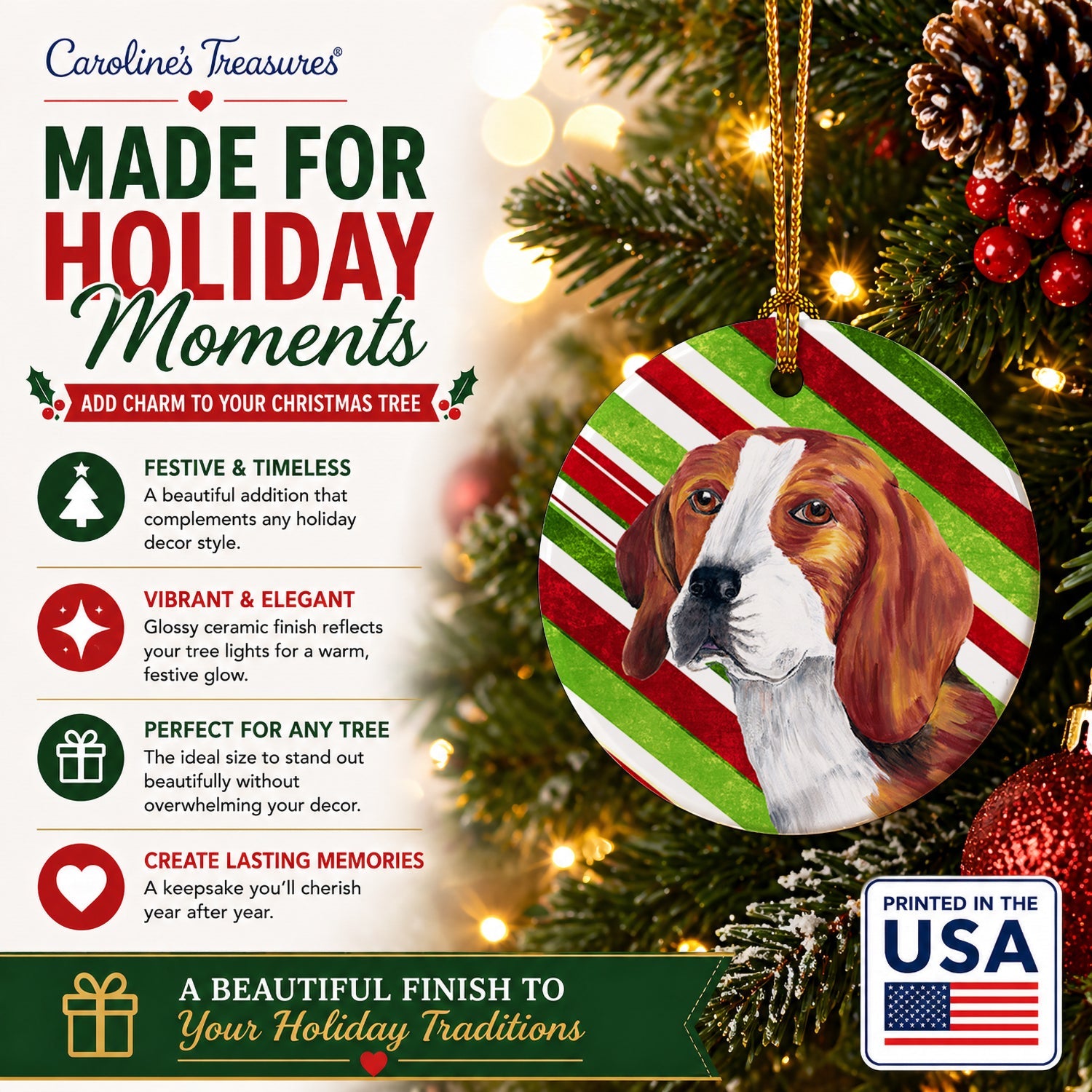 Beagle Candy Cane Holiday Christmas Ceramic Ornament Christmas Tree Hanging Decorations for Home Christmas Holiday, Party, Gift, 3 in, Multicolor