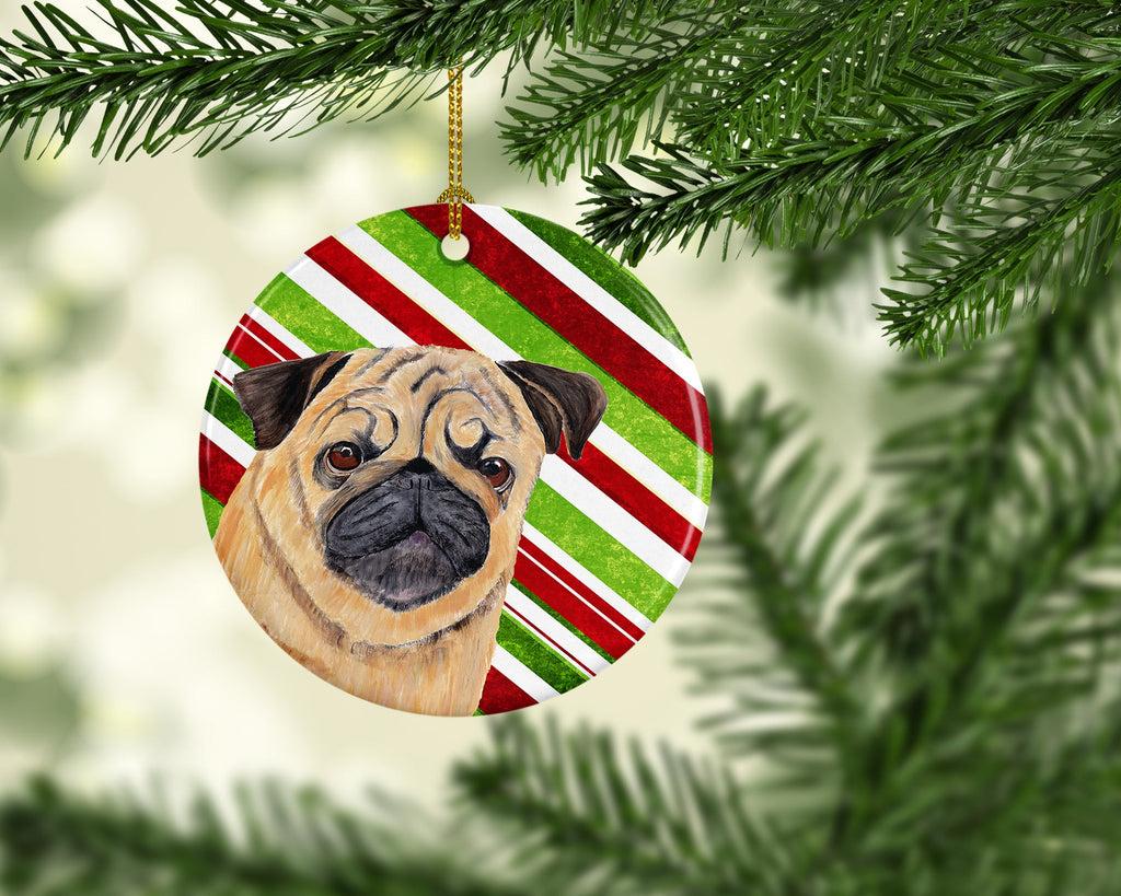 Pug Candy Cane Holiday Christmas Ceramic Ornament Christmas Tree Hanging Decorations for Home Christmas Holiday, Party, Gift, 3 in, Multicolor