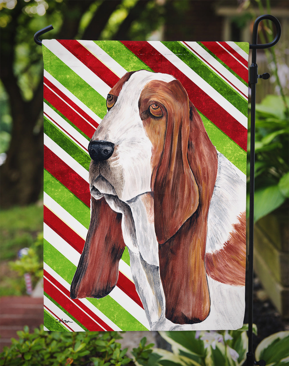 Basset Hound Candy Cane Holiday Christmas Garden Flag Mailbox Decorative Yard Banner Outside Patio Artwork for Flower Beds, Garden Size, Multicolor