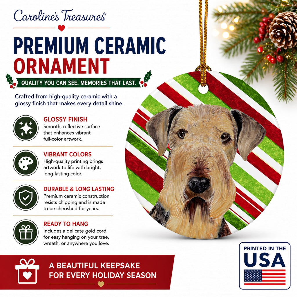Airedale Candy Cane Holiday Christmas Ceramic Ornament Christmas Tree Hanging Decorations for Home Christmas Holiday, Party, Gift, 3 in, Multicolor