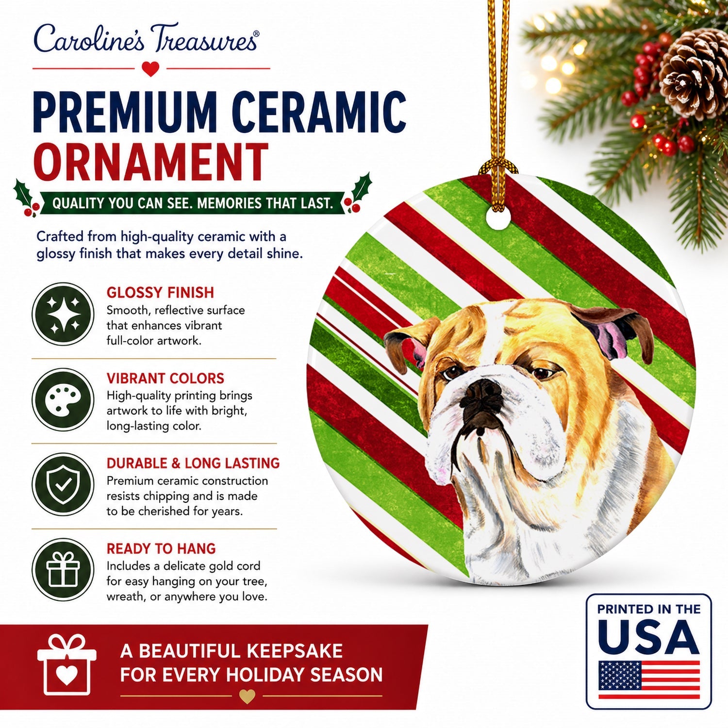 Bulldog English Candy Cane Holiday Christmas Ceramic Ornament Christmas Tree Hanging Decorations for Home Christmas Holiday, Party, Gift, 3 in, Multicolor