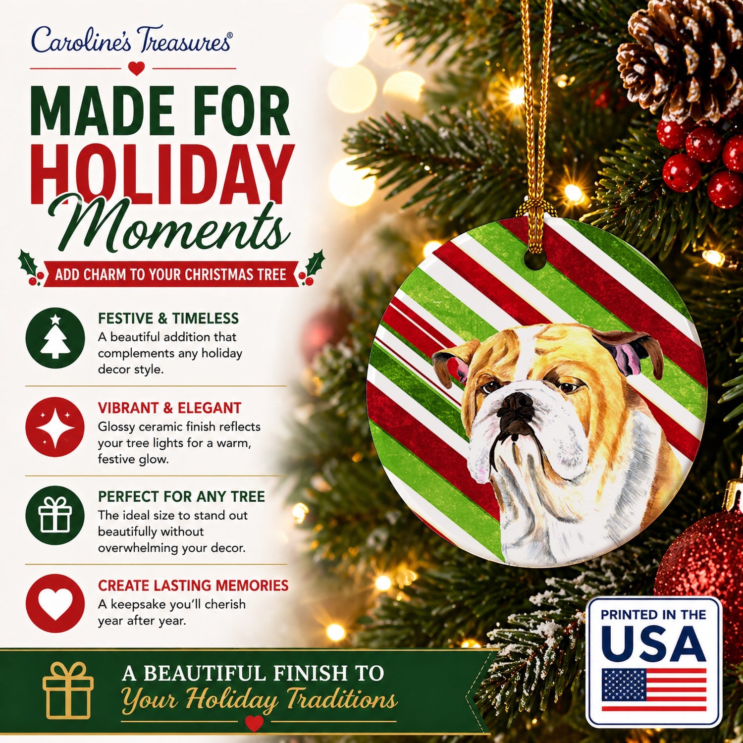 Bulldog English Candy Cane Holiday Christmas Ceramic Ornament Christmas Tree Hanging Decorations for Home Christmas Holiday, Party, Gift, 3 in, Multicolor