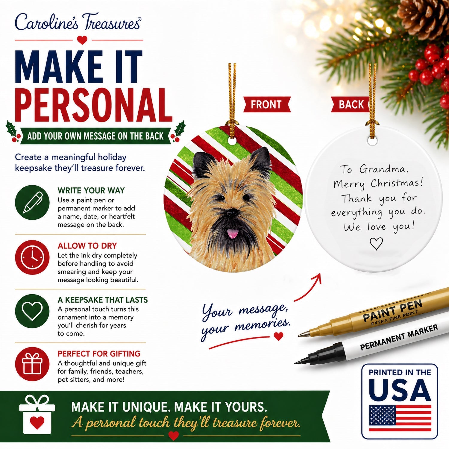 Cairn Terrier Candy Cane Holiday Christmas Ceramic Ornament Christmas Tree Hanging Decorations for Home Christmas Holiday, Party, Gift, 3 in, Multicolor
