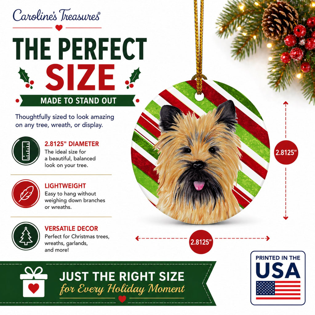Cairn Terrier Candy Cane Holiday Christmas Ceramic Ornament Christmas Tree Hanging Decorations for Home Christmas Holiday, Party, Gift, 3 in, Multicolor