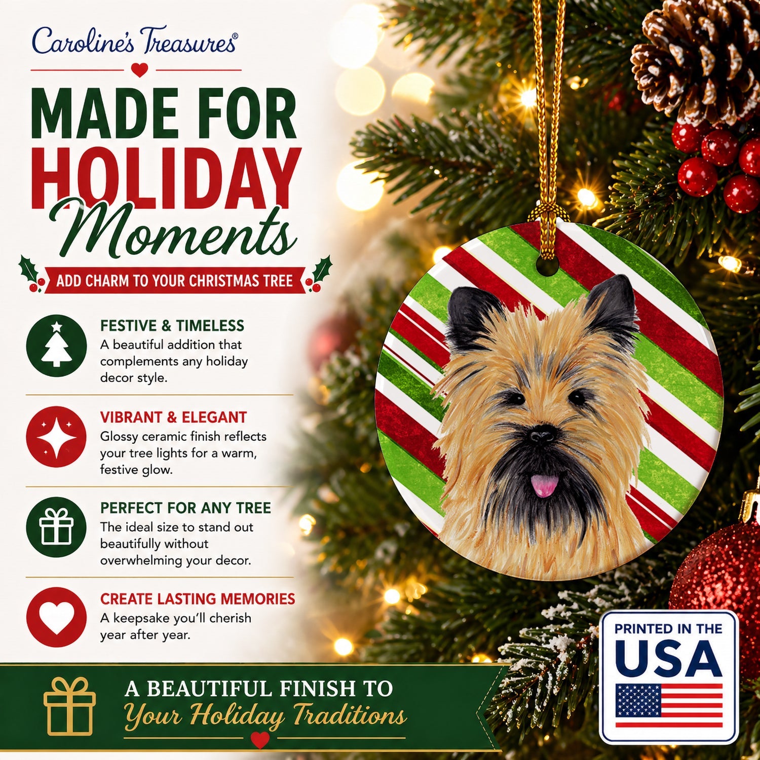 Cairn Terrier Candy Cane Holiday Christmas Ceramic Ornament Christmas Tree Hanging Decorations for Home Christmas Holiday, Party, Gift, 3 in, Multicolor