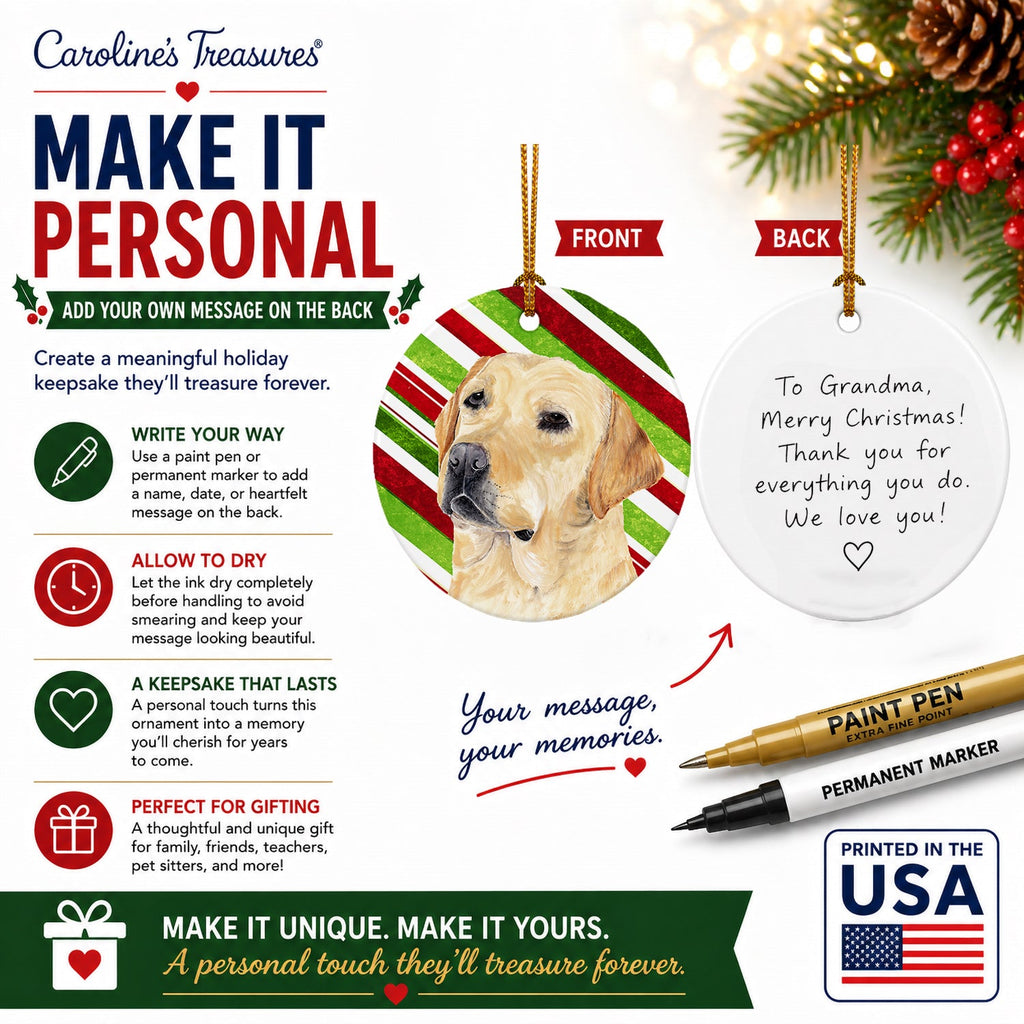 Labrador Candy Cane Holiday Christmas Ceramic Ornament Christmas Tree Hanging Decorations for Home Christmas Holiday, Party, Gift, 3 in, Multicolor