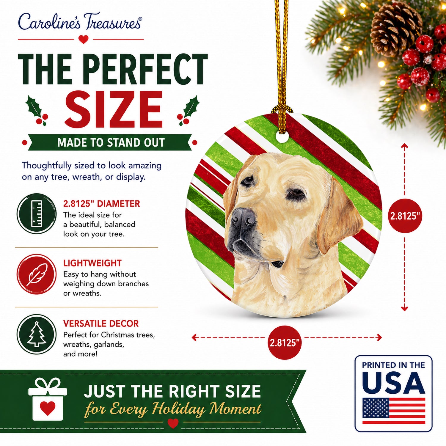 Labrador Candy Cane Holiday Christmas Ceramic Ornament Christmas Tree Hanging Decorations for Home Christmas Holiday, Party, Gift, 3 in, Multicolor