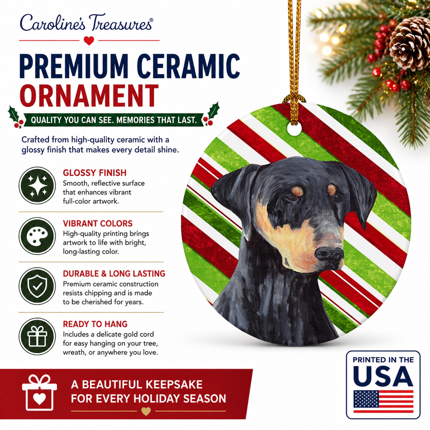 Doberman Candy Cane Holiday Christmas Ceramic Ornament Christmas Tree Hanging Decorations for Home Christmas Holiday, Party, Gift, 3 in, Multicolor