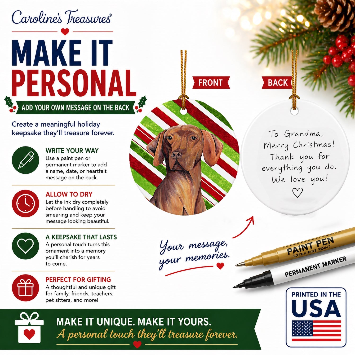 Vizsla Candy Cane Holiday Christmas Ceramic Ornament Christmas Tree Hanging Decorations for Home Christmas Holiday, Party, Gift, 3 in, Multicolor