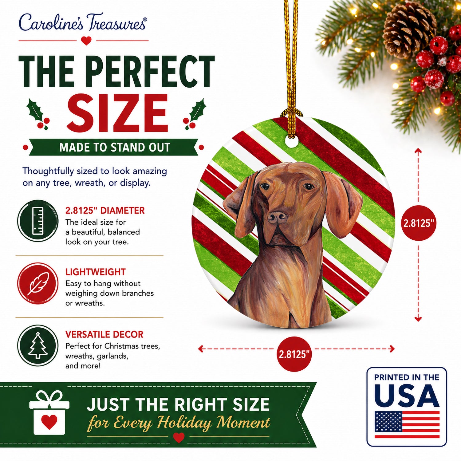 Vizsla Candy Cane Holiday Christmas Ceramic Ornament Christmas Tree Hanging Decorations for Home Christmas Holiday, Party, Gift, 3 in, Multicolor