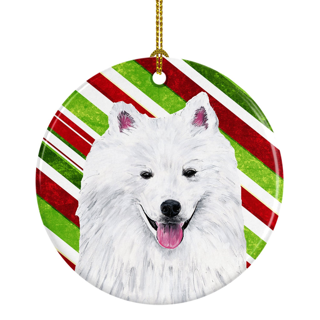 American Eskimo Candy Cane Holiday Christmas Ceramic Ornament Christmas Tree Hanging Decorations for Home Christmas Holiday, Party, Gift, 3 in, Multicolor