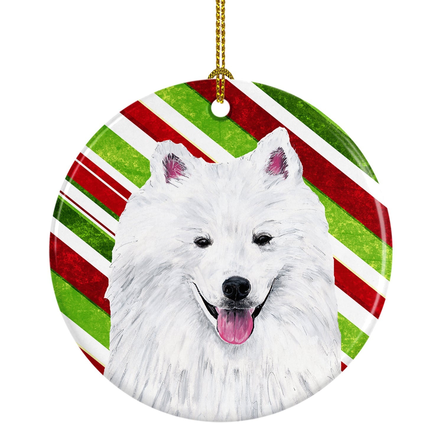 American Eskimo Candy Cane Holiday Christmas Ceramic Ornament Christmas Tree Hanging Decorations for Home Christmas Holiday, Party, Gift, 3 in, Multicolor