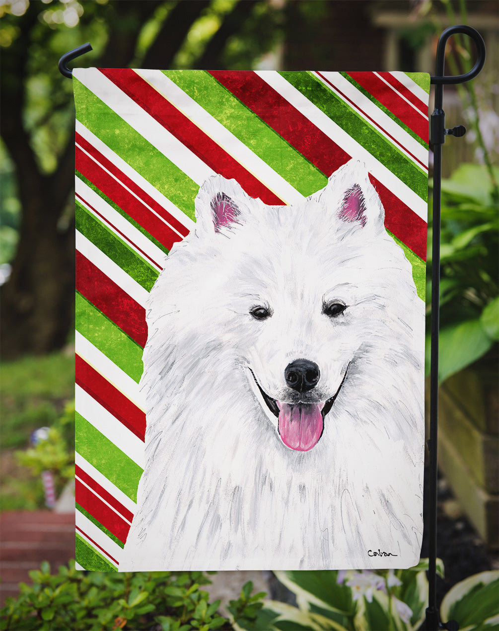 American Eskimo Candy Cane Holiday Christmas Garden Flag Mailbox Decorative Yard Banner Outside Patio Artwork for Flower Beds, Garden Size, Multicolor