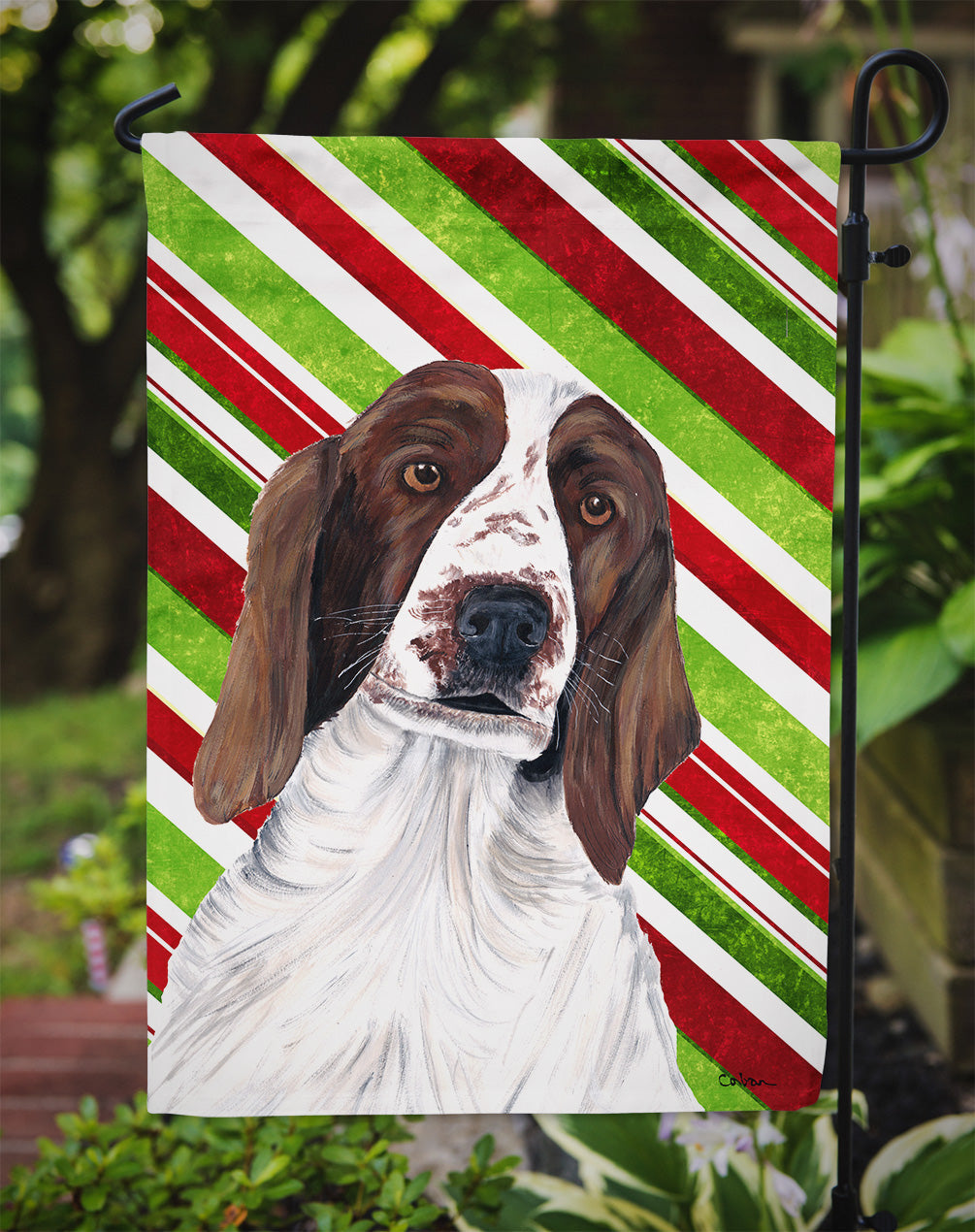 Welsh Springer Spaniel Candy Cane Holiday Christmas Garden Flag Mailbox Decorative Yard Banner Outside Patio Artwork for Flower Beds, Garden Size, Multicolor