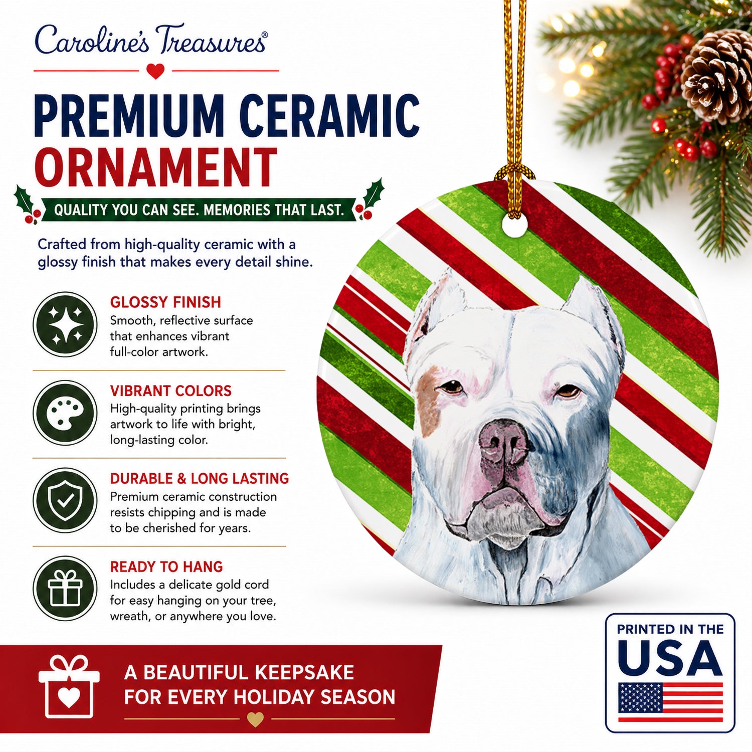 Pit Bull Candy Cane Holiday Christmas Ceramic Ornament Christmas Tree Hanging Decorations for Home Christmas Holiday, Party, Gift, 3 in, Multicolor