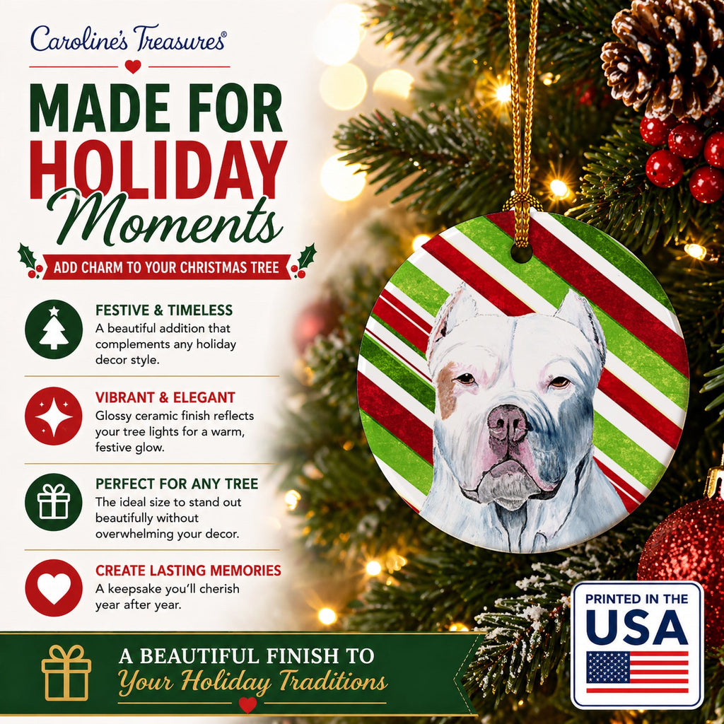 Pit Bull Candy Cane Holiday Christmas Ceramic Ornament Christmas Tree Hanging Decorations for Home Christmas Holiday, Party, Gift, 3 in, Multicolor