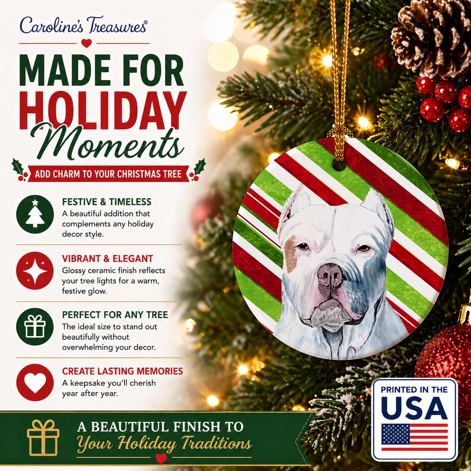 Pit Bull Candy Cane Holiday Christmas Ceramic Ornament Christmas Tree Hanging Decorations for Home Christmas Holiday, Party, Gift, 3 in, Multicolor