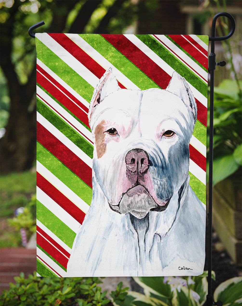 Pit Bull Candy Cane Holiday Christmas Garden Flag Mailbox Decorative Yard Banner Outside Patio Artwork for Flower Beds, Garden Size, Multicolor
