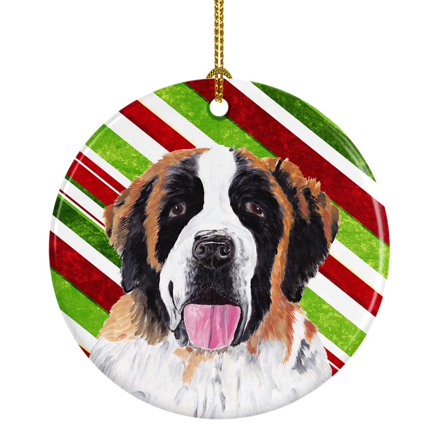 Saint Bernard Candy Cane Holiday Christmas Ceramic Ornament Christmas Tree Hanging Decorations for Home Christmas Holiday, Party, Gift, 3 in, Multicolor