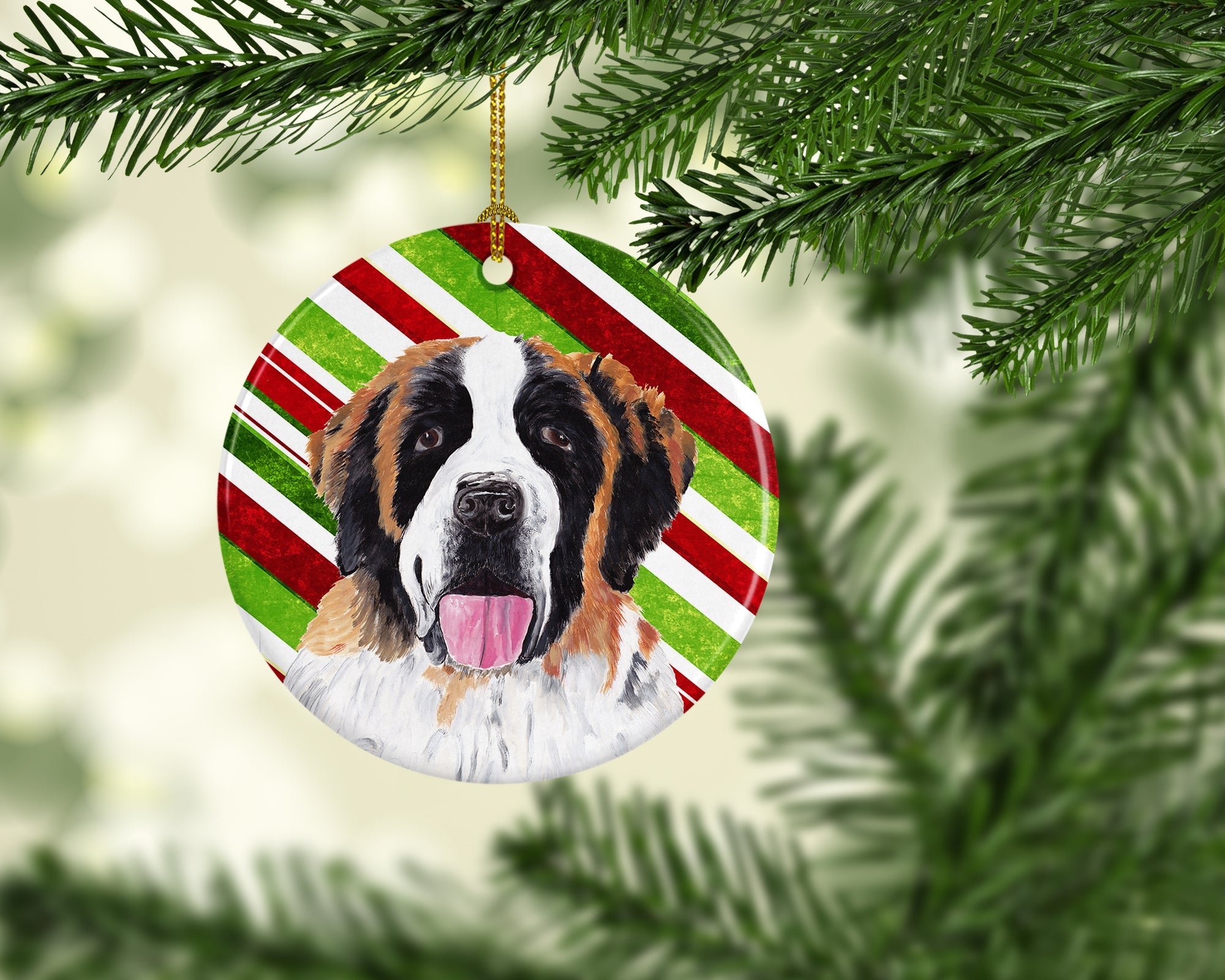 Saint Bernard Candy Cane Holiday Christmas Ceramic Ornament Christmas Tree Hanging Decorations for Home Christmas Holiday, Party, Gift, 3 in, Multicolor