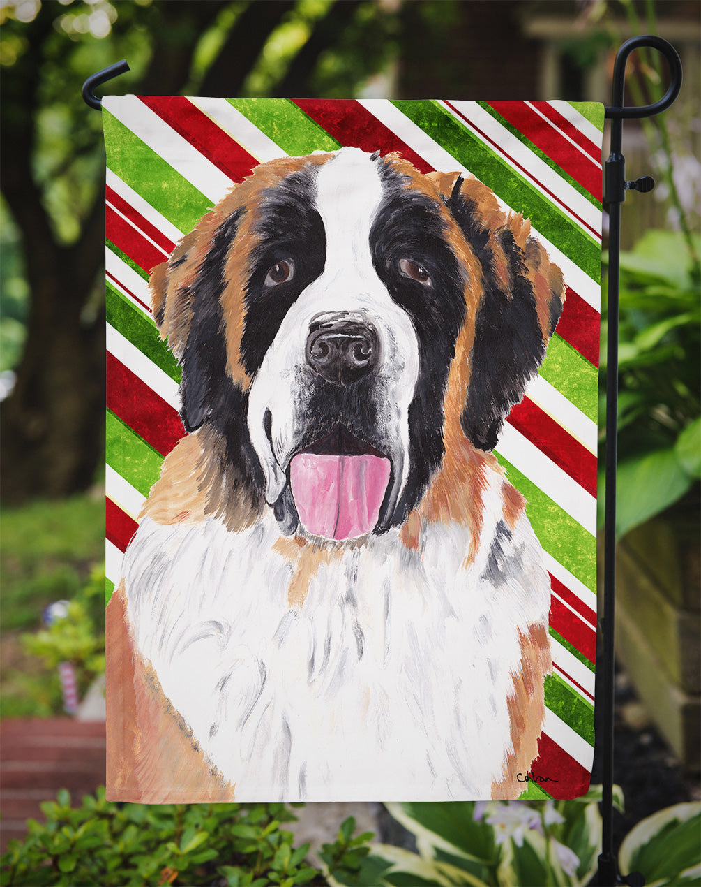 Saint Bernard Candy Cane Holiday Christmas Garden Flag Mailbox Decorative Yard Banner Outside Patio Artwork for Flower Beds, Garden Size, Multicolor