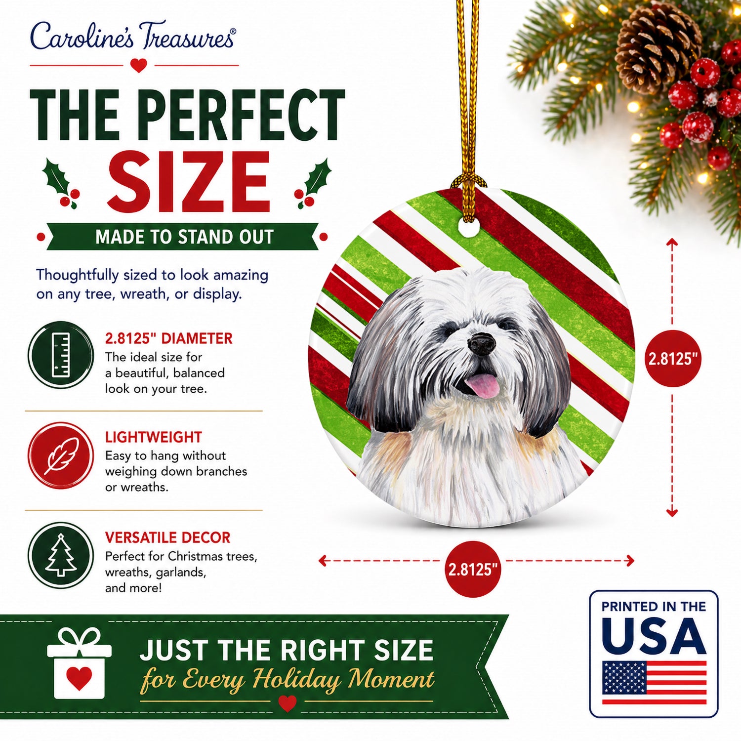 Shih Tzu Candy Cane Holiday Christmas Ceramic Ornament Christmas Tree Hanging Decorations for Home Christmas Holiday, Party, Gift, 3 in, Multicolor