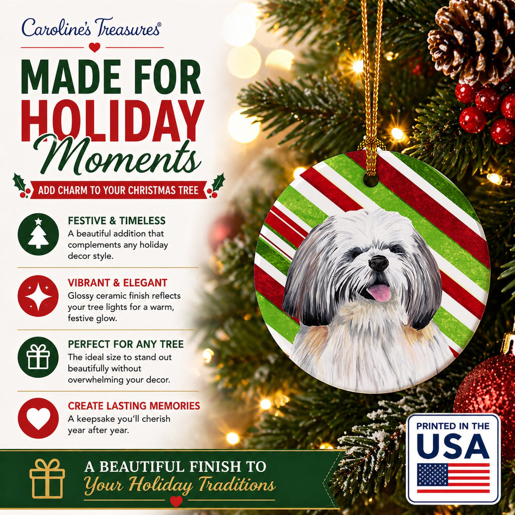 Shih Tzu Candy Cane Holiday Christmas Ceramic Ornament Christmas Tree Hanging Decorations for Home Christmas Holiday, Party, Gift, 3 in, Multicolor