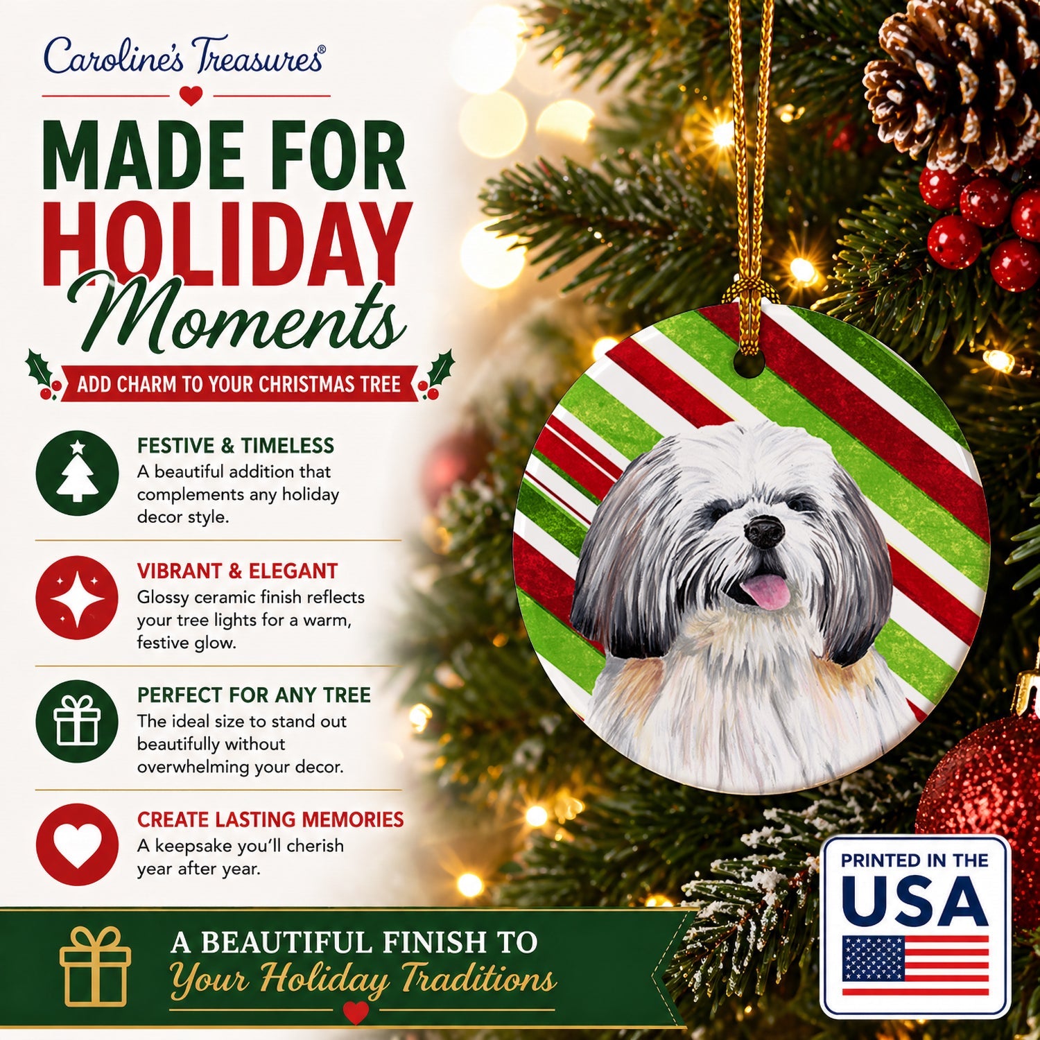 Shih Tzu Candy Cane Holiday Christmas Ceramic Ornament Christmas Tree Hanging Decorations for Home Christmas Holiday, Party, Gift, 3 in, Multicolor