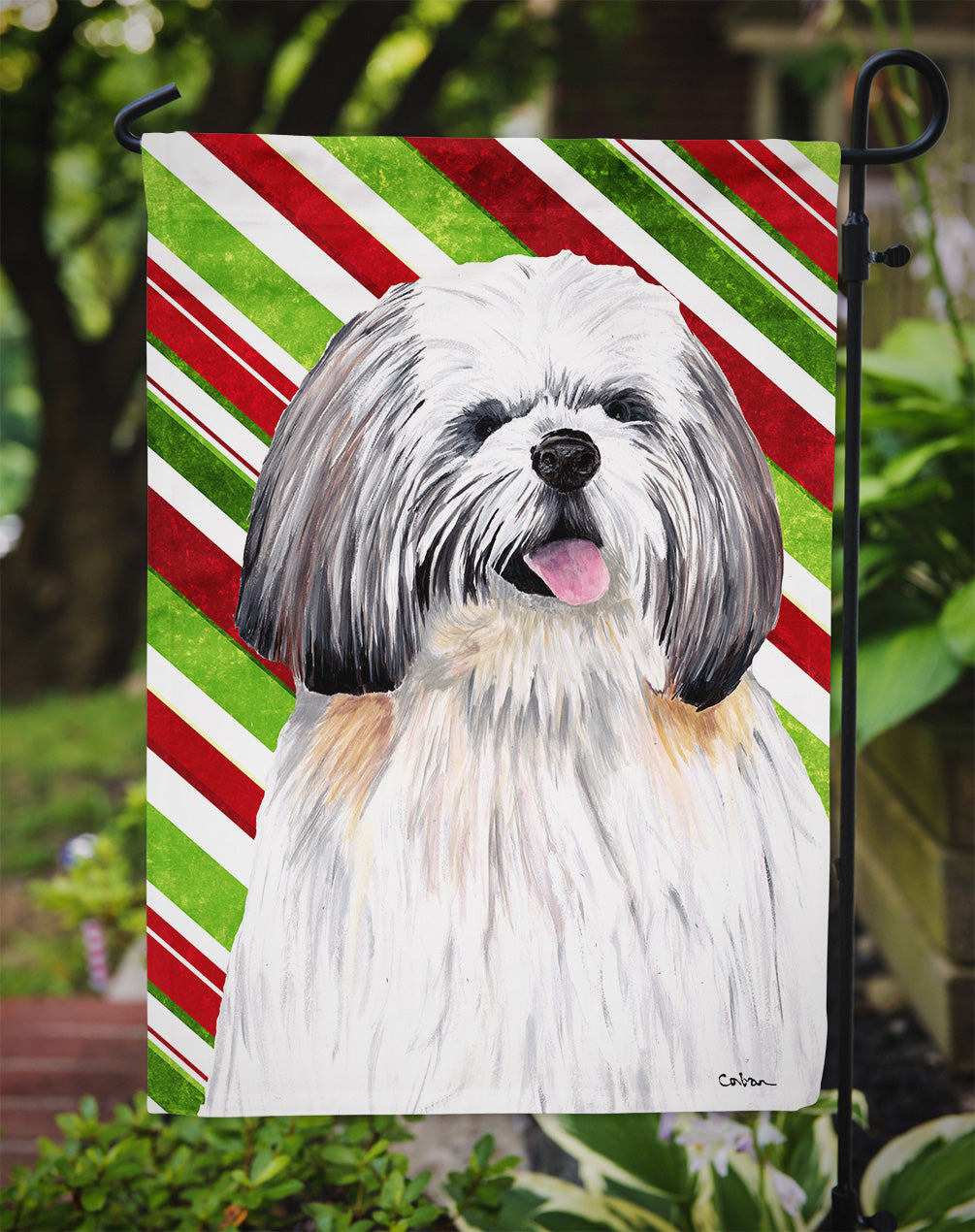 Shih Tzu Candy Cane Holiday Christmas Garden Flag Mailbox Decorative Yard Banner Outside Patio Artwork for Flower Beds, Garden Size, Multicolor
