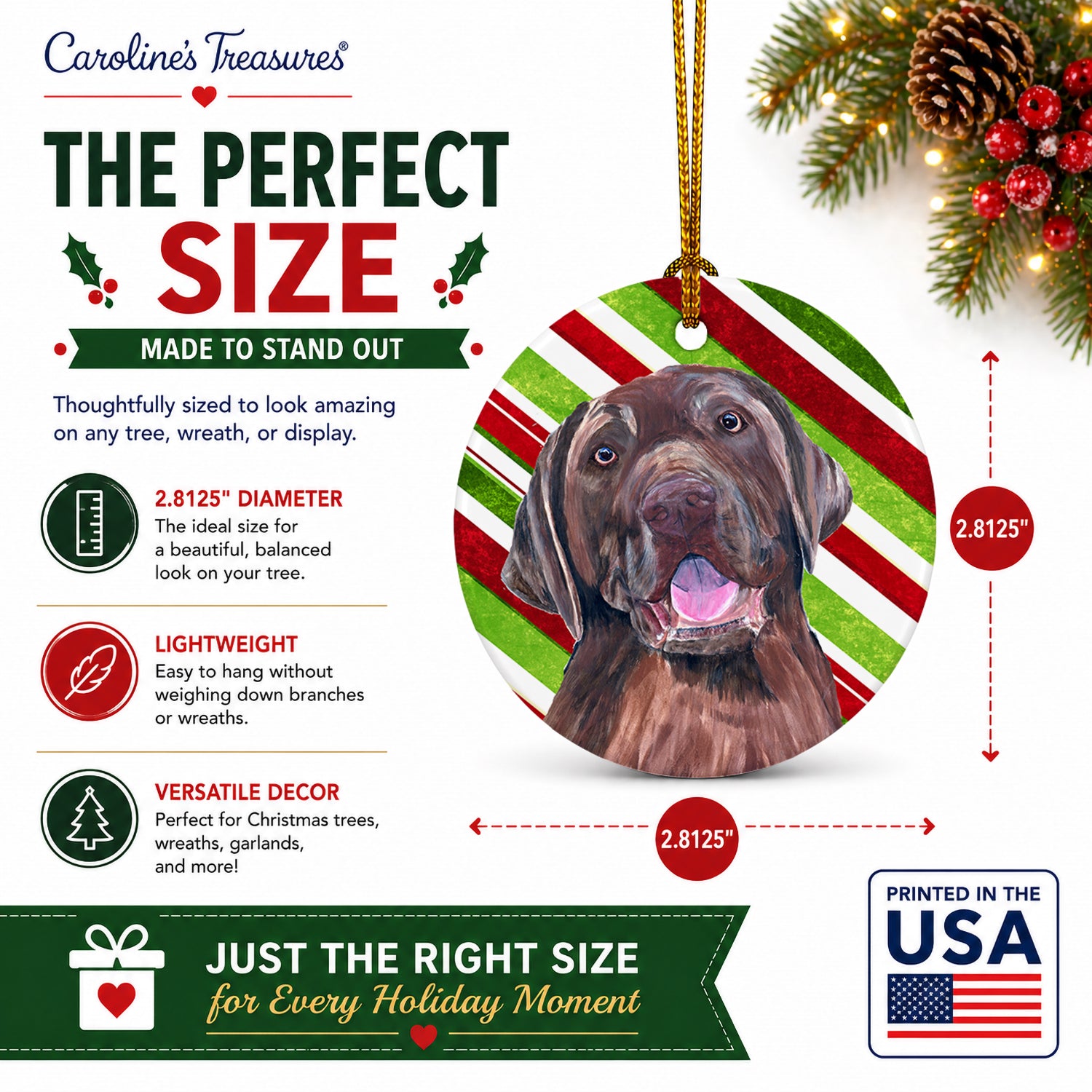Labrador Candy Cane Holiday Christmas Ceramic Ornament Christmas Tree Hanging Decorations for Home Christmas Holiday, Party, Gift, 3 in, Multicolor