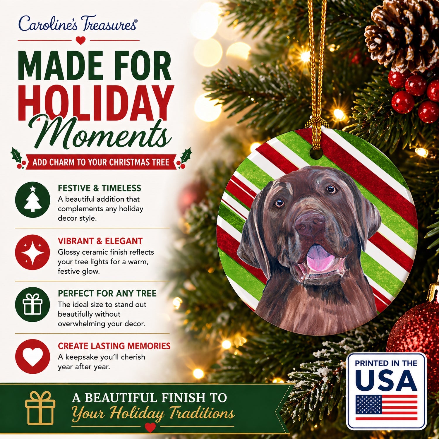 Labrador Candy Cane Holiday Christmas Ceramic Ornament Christmas Tree Hanging Decorations for Home Christmas Holiday, Party, Gift, 3 in, Multicolor